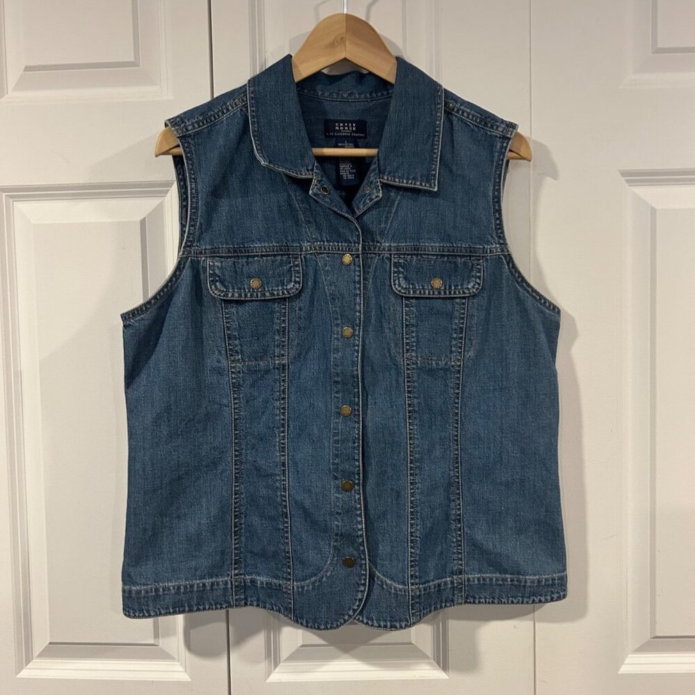 VTG Crazy Horse Denim Brass Snap Vest Women’s Large Curved Hem Western Y2K 90s